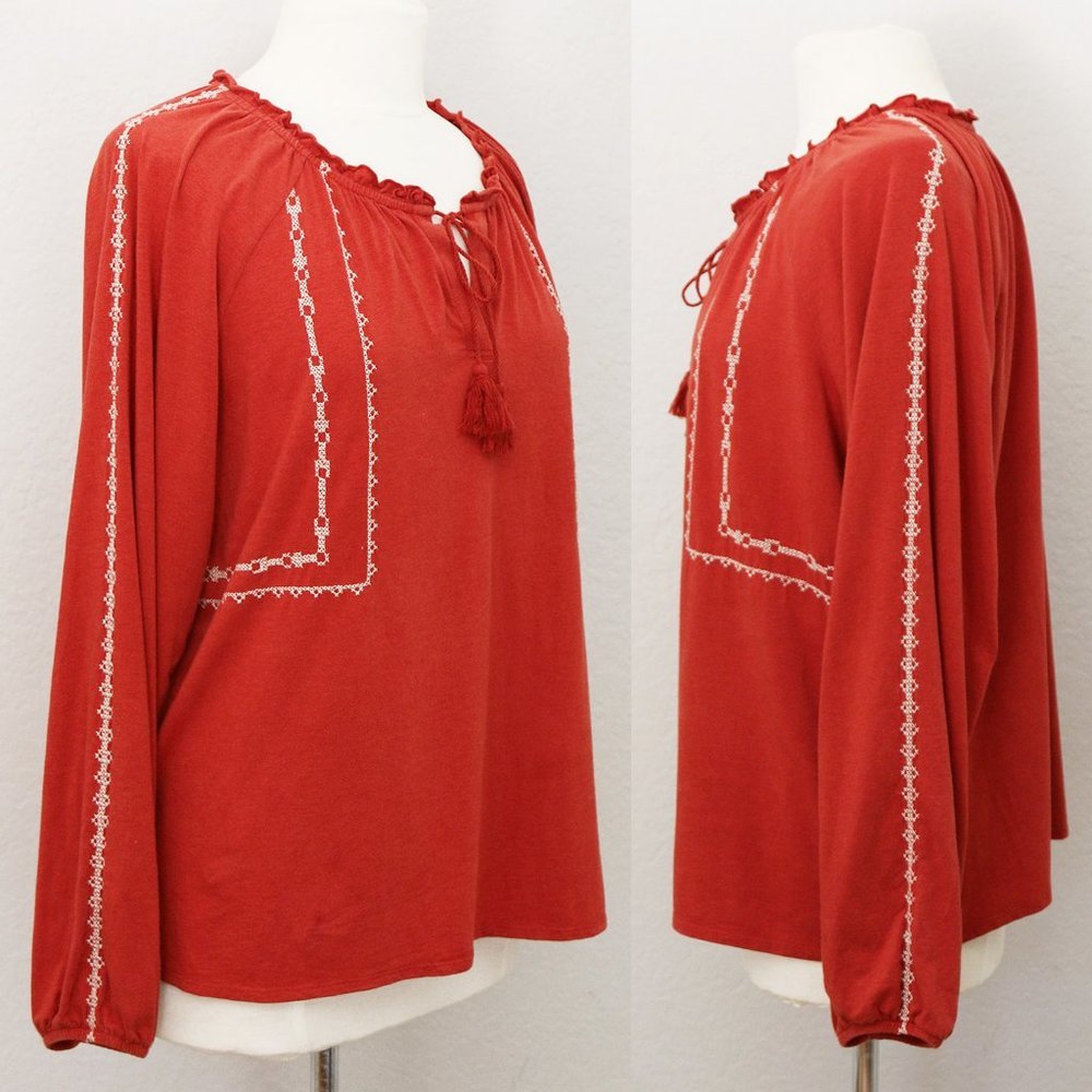 Garnet Hill Organic Cotton Tencel Blend Cross Stitch Embroidered Peasant Top M - Picture 8 of 14